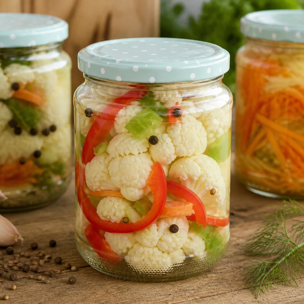 375ml pot rond avec couvercle BasicSeal menthe points rempli de chou-fleur mariné épices paprika fermenté