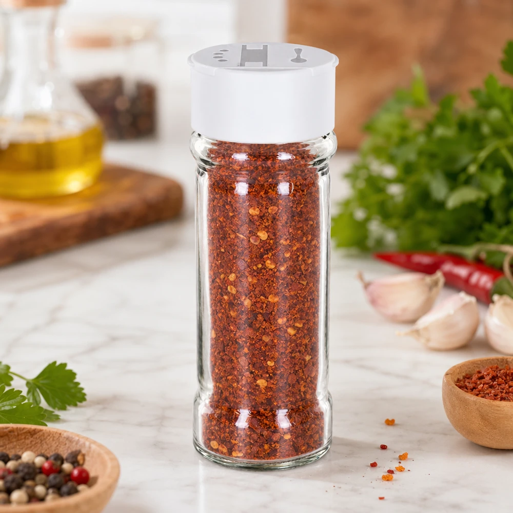 Pot à épices de 100 ml rempli de flocons de piment, muni d'un couvercle blanc à double saupoudreuse, posé sur un socle en marbre