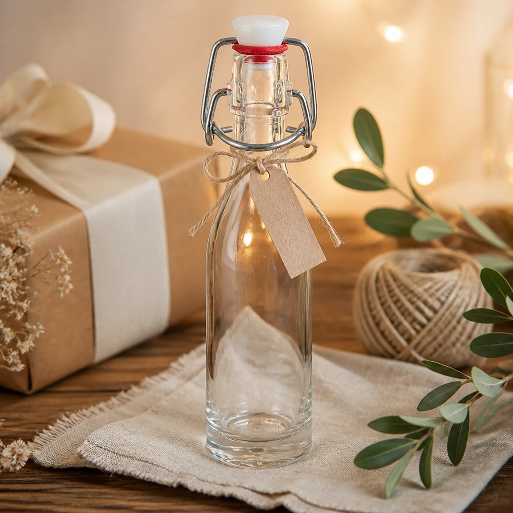 Bouteille en verre décorative de 50 ml avec bouchon à étrier et ruban cadeau brun dans une scène d'ambiance naturelle