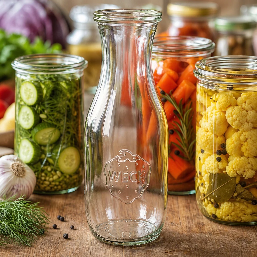 Bouteille à jus de 1 062 ml avec couvercle en verre WECK RR60 WECK Bouteille en verre 1062ml vide avec logo à côté de bocaux colorés avec légumes et épices sur table en bois
