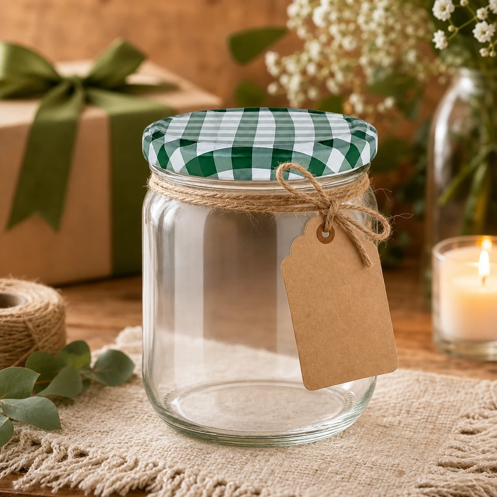 425ml Verre rond avec couvercle BasicSeal vert/blanc UNiTWIST Verre rond vide de 425 ml avec couvercle BasicSeal vert et blanc et étiquette cadeau dans une décoration rustique