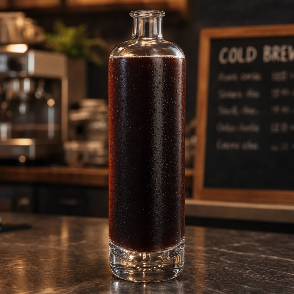 Bouteille en verre de 700 ml Ella UNiTWIST remplie de café Cold Brew sur un comptoir de café sombre avec un tableau de menu en arrière-plan