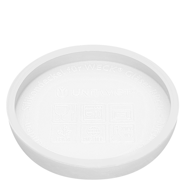370ml bocal tulipe WECK RR60 avec couvercle en silicone blanc Couvercle en silicone blanc UNiTWIST pour bocaux WECK RR80 Face inférieure avec marquage du fabricant et désignation du produit