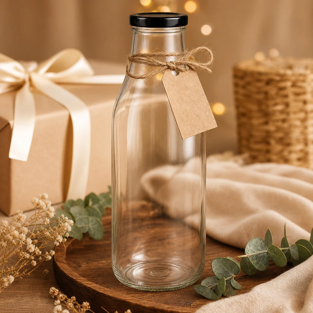 Bouteille en verre de 1000 ml avec couvercle noir, décorée avec un ruban en raphia et un pendentif en papier kraft.