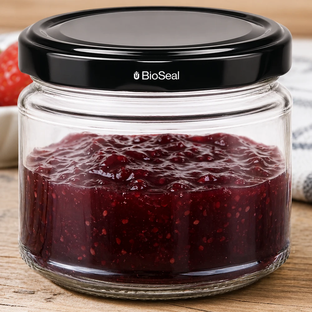 330ml Verre rond avec couvercle BioSeal noir UNiTWIST UniTWIST Runda330 Pot de conserve rempli de confiture rouge BioSeal Couvercle confiture Conservation table en bois