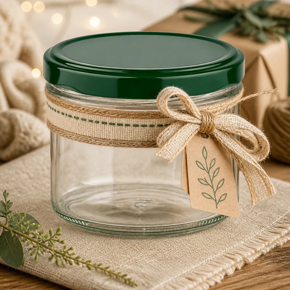 225ml verre renversé couvercle vert décoratif avec boucle en jute et étiquette cadeau comme emballage cadeau