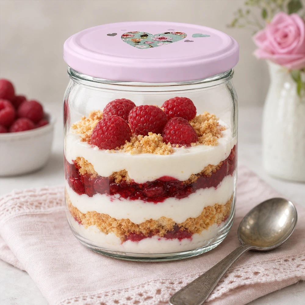 Pot rond 425 ml + couvercle BasicSeal cur rose UNiTWIST Dessert stratifié Trifle de fromage blanc à la framboise dans une verrine ronde de 425ml rose Couvercle en forme de cœur Crumble Dessert servi dans une verrine