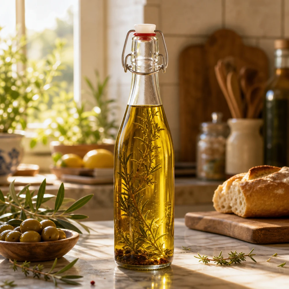 Bouteille en verre de 500ml avec bouchon à étrier remplie d'huile aux herbes Rosmarин cuisine méditerranéenne conservation huile aux épices
