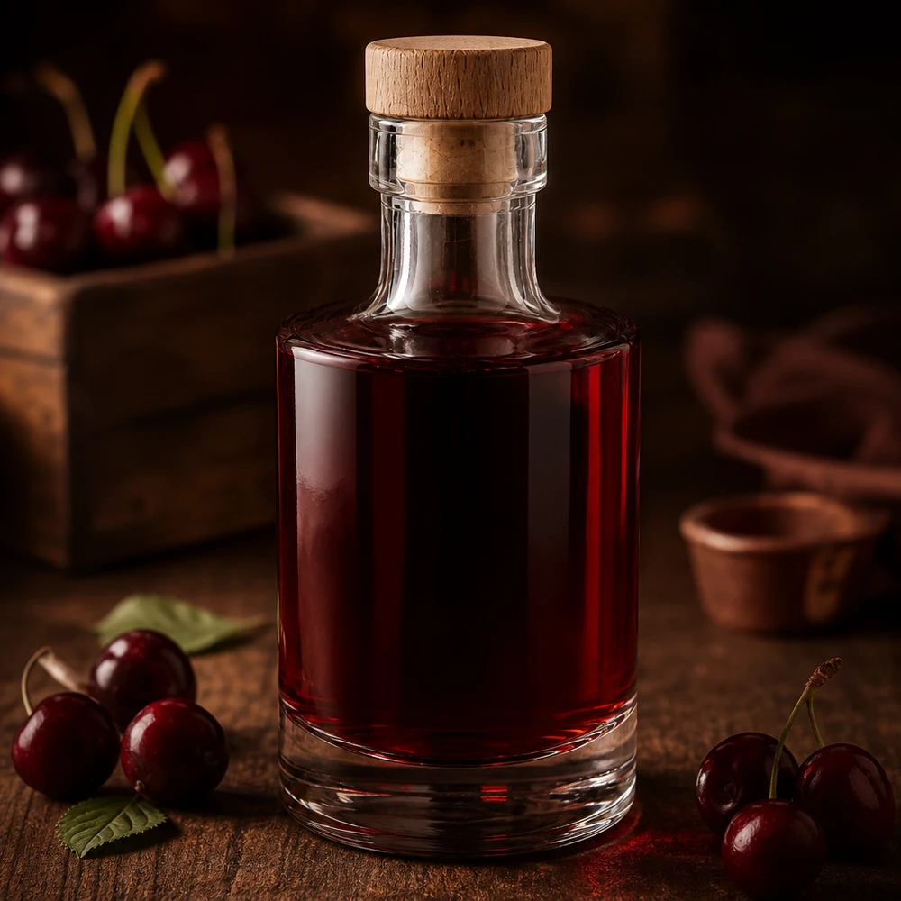 Bouteille en verre 200 ml « Marie » avec bouchon en bois UNiTWIST® Bouteille en verre Marie de 200 ml remplie de liqueur de cerise rouge foncé, bouchon en bois, décorée de cerises fraîches sur un fond en bois.