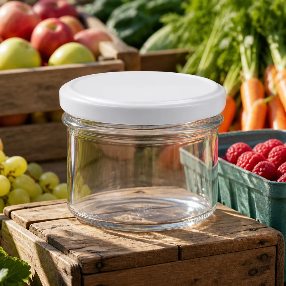 Pot de 225ml vide avec couvercle blanc sur caisse en bois entre des fruits et légumes frais du marché