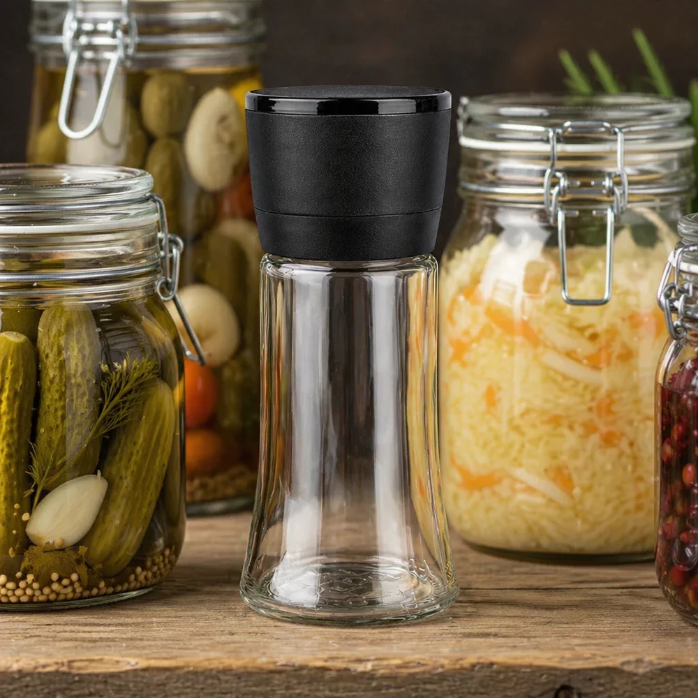 Pot à épices compact de 95 ml avec moulin Vario noir, parmi des légumes conservés dans des bocaux Weck