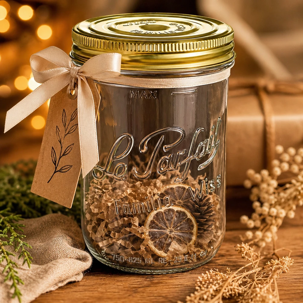 Le Parfait® Familia Wiss 1 kg Ø100 mm Bocal Verre plongeant Familia Wiss de 1020 ml avec couvercle doré et nœud beige rempli de rondelles d'agrumes séchés sur bâtonnet en bois.