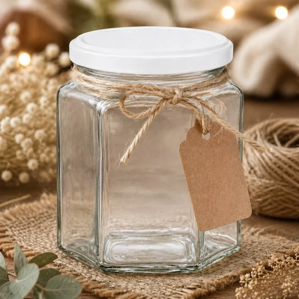 Pot à miel 400 g avec couvercle blanc BasicSeal UNiTWIST Pot de miel hexagonal vide de 400g avec pendentif en papier kraft et ficelle de jute comme emballage cadeau sur table naturelle