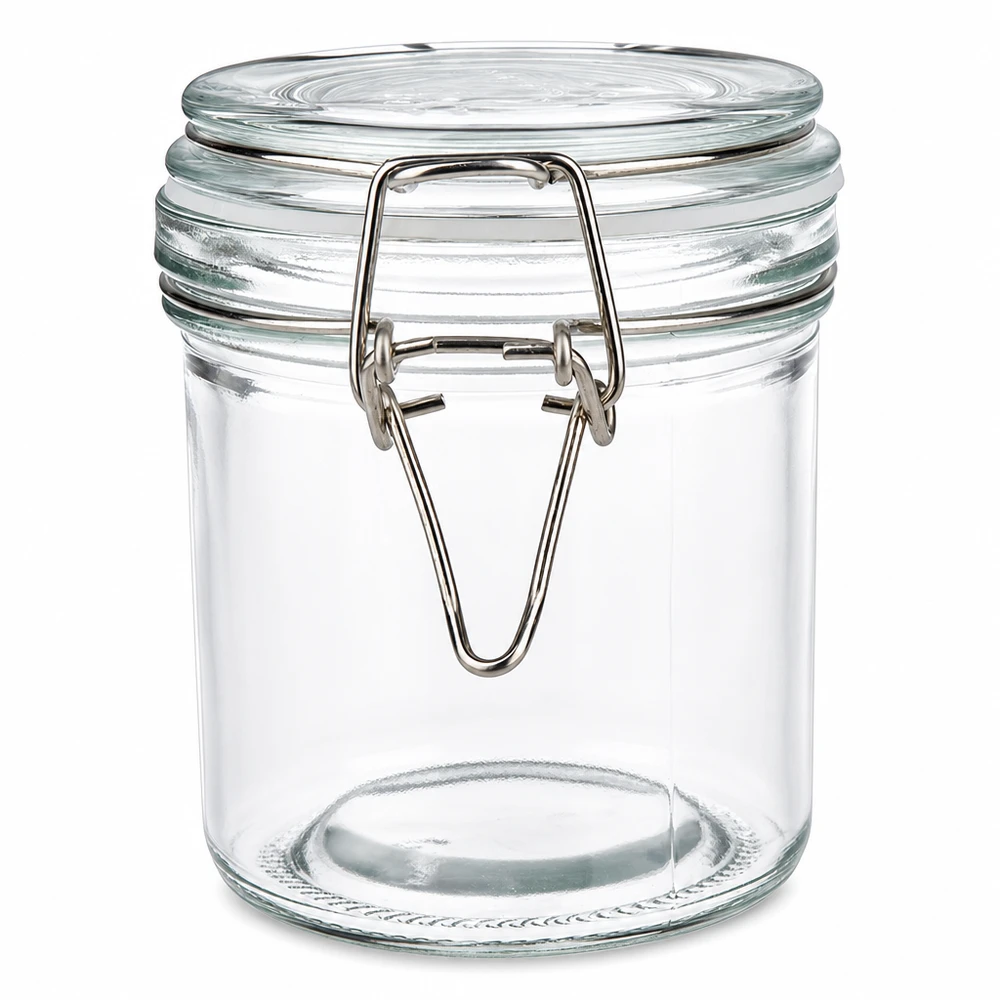 Pot de réserve 250ml type S avec fermeture à étrier UN. Pot à conserves rond de 250ml en verre transparent avec anse en métal pour la cuisine et les provisions