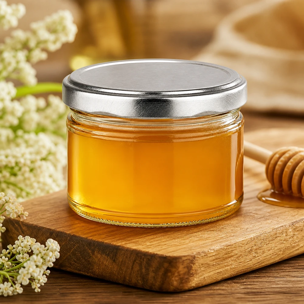 540ml Verre rond avec couvercle BasicSeal argent UNiTWIST Pot de conserve 540ml rempli de miel sur planche en bois, couvercle argenté mat, décoré de fleurs et d'une cuillère à miel