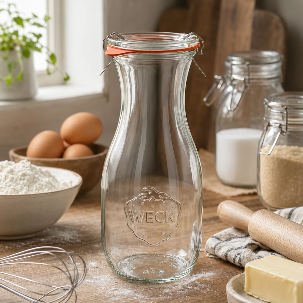 Bouteille à jus de 530 ml, ensemble complet WECK RR60 WECK Bouteille de jus 530ml RR60 dans un environnement de cuisine avec des ingrédients de cuisson œufs farine et beurre sur un plan de travail en bois