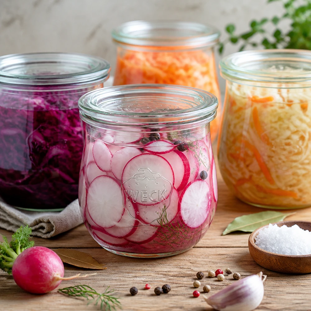 370ml bocal tulipe avec bouchon en verre WECK RR80 WECK Pot tulipe 370ml RR80 avec radis marinés et légumes fermentés sur table en bois avec épices