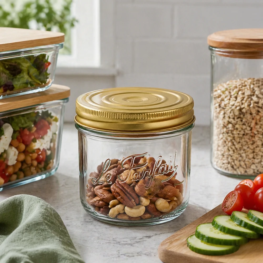 415ml Verre à pied Familia Wiss avec couvercle doré rempli de noix sur le plan de travail de la cuisine à côté des légumes