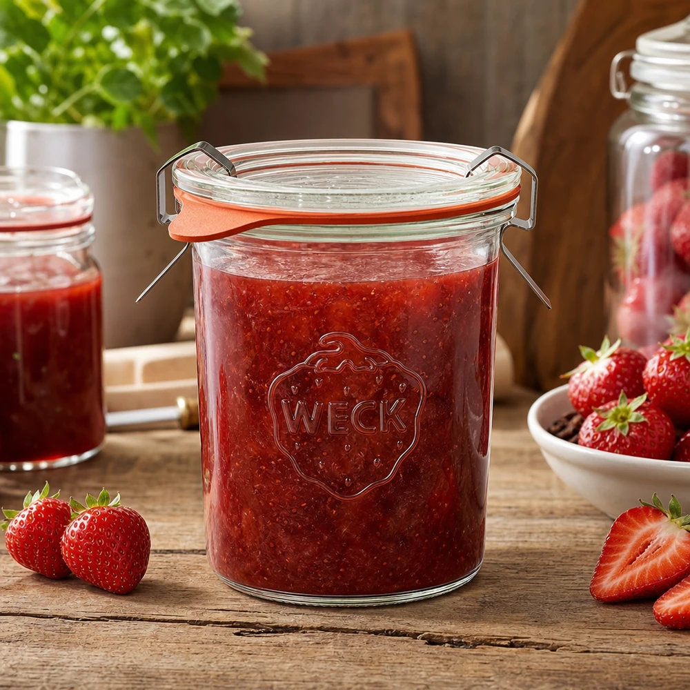 160ml bocal conique complet WECK RR60 WECK Pot de conserve 160ml rempli de confiture de fraises sur table en bois avec fraises fraîches et ambiance cuisine