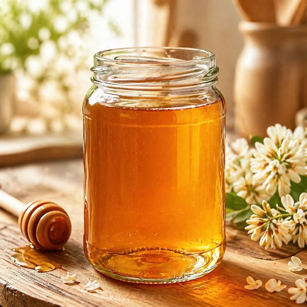 305ml Verre rond sans couvercle (TO63) UNiTWIST UNiTWIST Runda305 Verre rond 305ml TO63 rempli de miel sur une table en bois à côté d'une cuillère à miel et de fleurs blanches