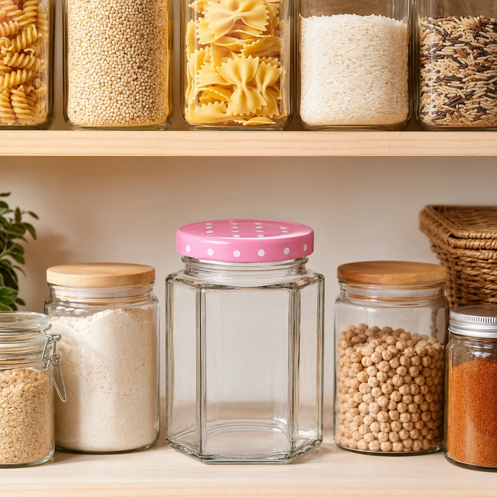 Pot hexagonal de 196 ml + couvercle BasicSeal rose à pois UNiTWIST 196ml Hexaglas rose couvercle à points dans la cuisine de stockage organisée avec des pâtes du riz et des épices comme solution de stockage