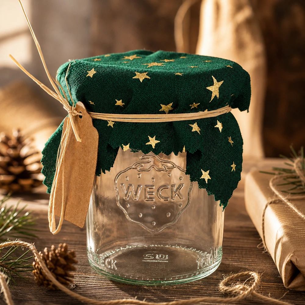 Décoration de Noël avec étoile verte 12cm carrée sur bocal entre pommes de pin et cadeaux