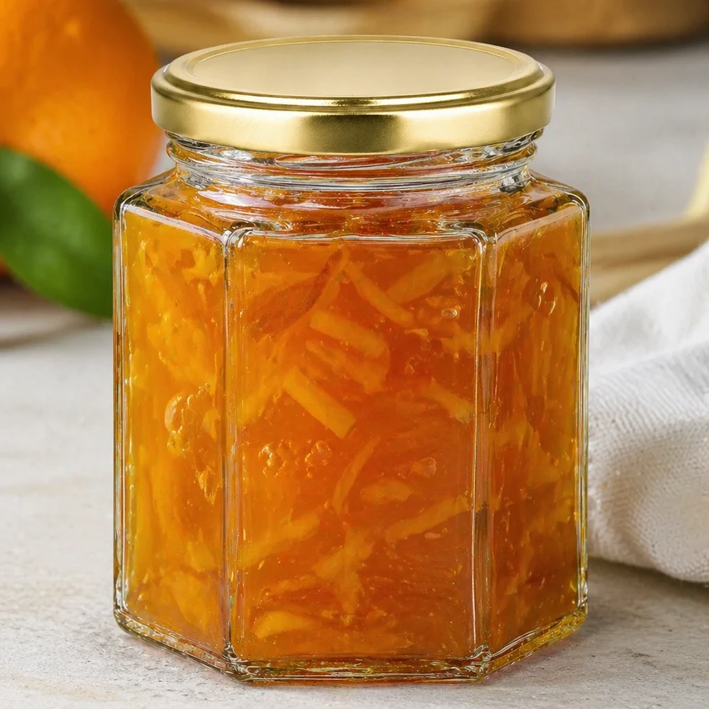 Pot à miel 250 g avec couvercle doré BasicSeal UNiTWIST 250g pot de miel BasicSeal rempli de marmelade d'orange couvercle doré sur surface blanche conservation des confitures