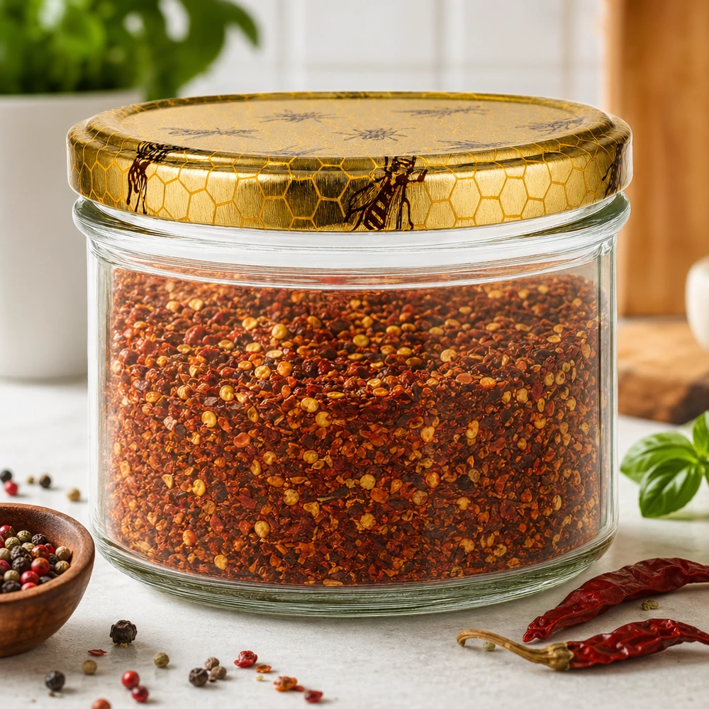 Pot à miel 250 g avec couvercle motif rayon de miel BasicSeal UNiTWIST Pot de miel de 250 g avec couvercle en nid d'abeille rempli d'épices en plus des grains de poivre et des piments séchés
