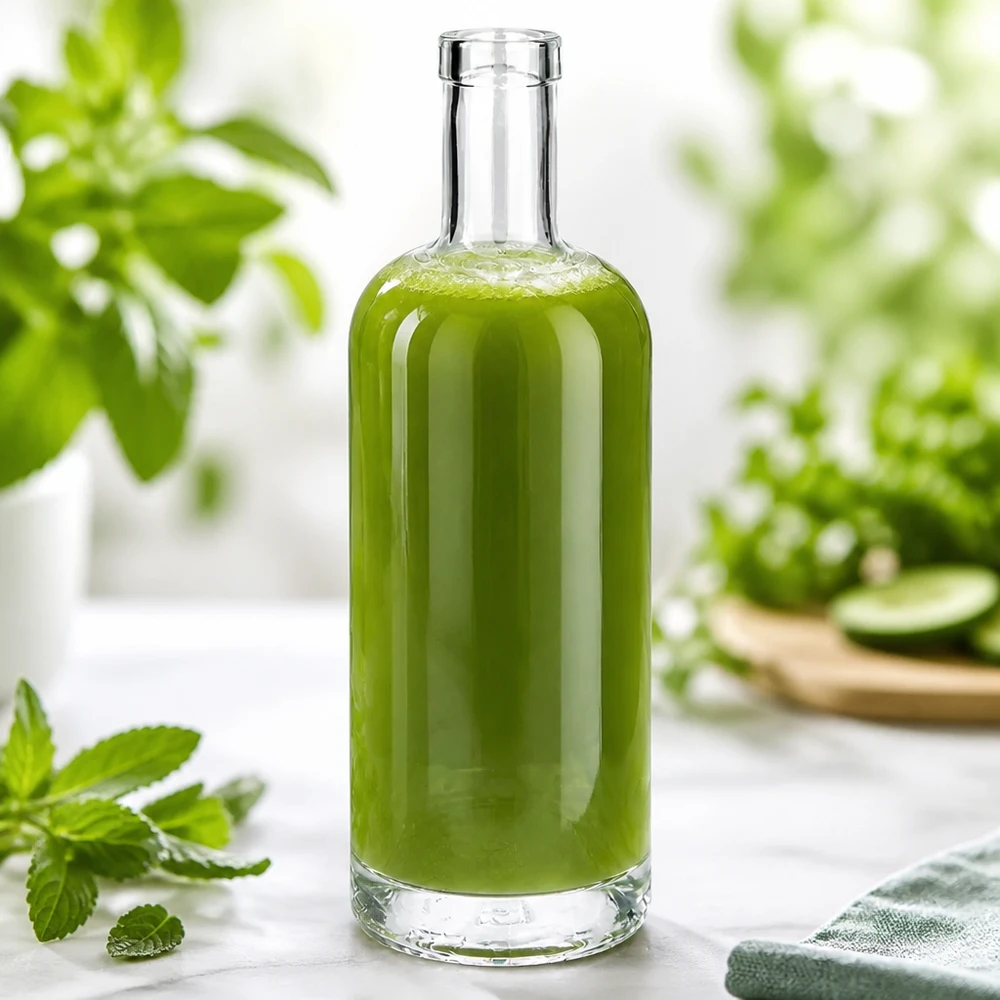 Flacon en verre 750 ml « Emma » sans bouchon UNiTWIST® Bouteille en verre Emma 750ml remplie de vert dans un environnement naturel décoré de menthe et de plantes