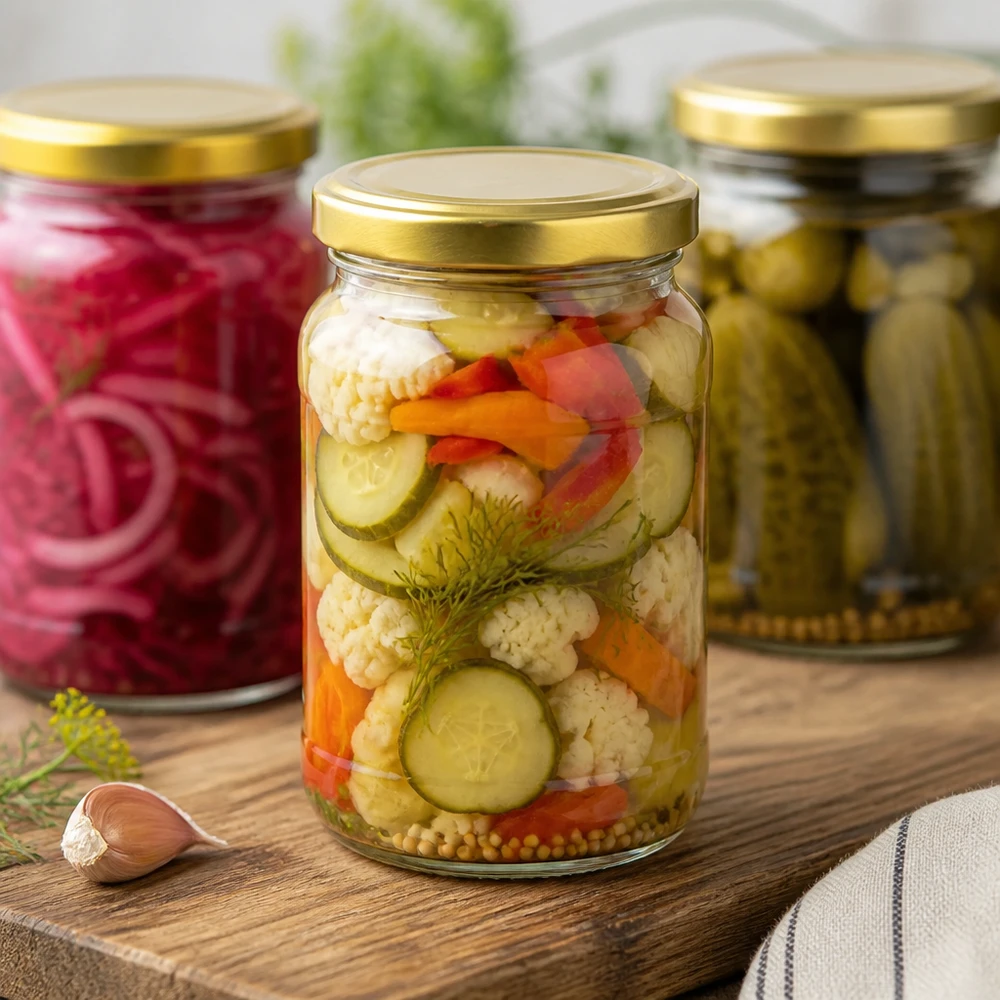 305ml Verre rond avec couvercle BasicSeal or UNiTWIST Bocal rond de 305ml UNiTWIST avec légumes marinés - bocal avec couvercle doré pour pickles et conserves
