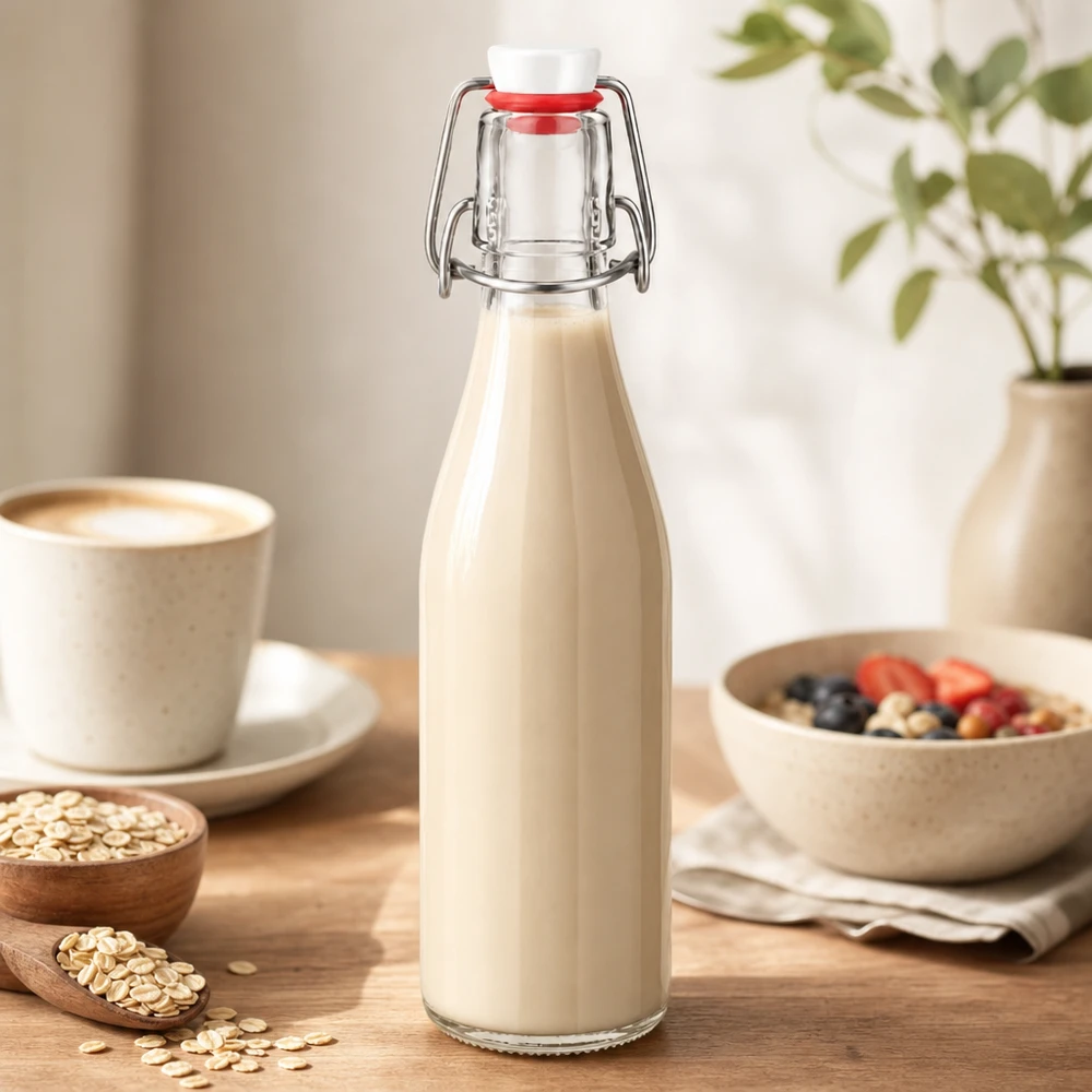 Bouteille en verre de 250 ml + bouchon mécanique PVC UNiTWIST 250ml Glasflasche mit Bügelverschluss gefüllt mit cremiger Hafermilch, perfekt für gesunde Ernährung und Frühstück
