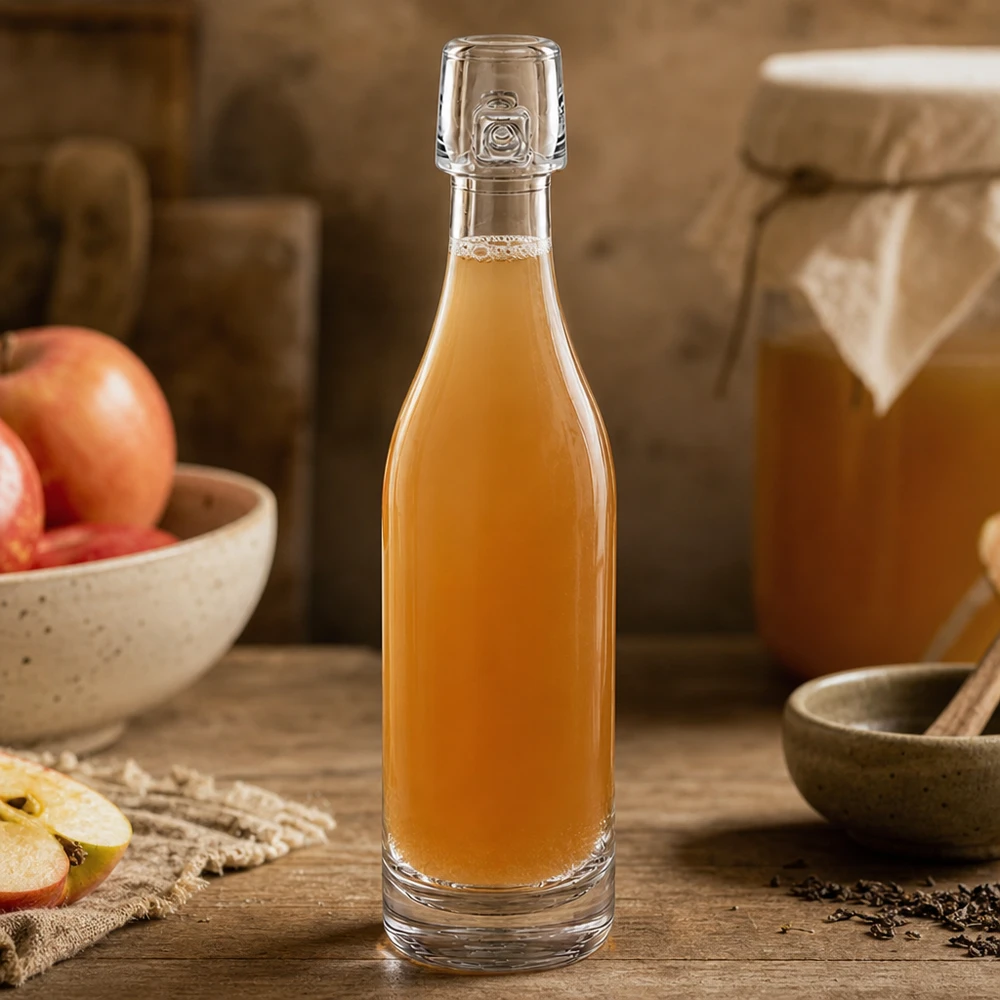 Bouteille en verre de 50 ml sans bouchon mécanique UNiTWIST Bouteille en verre de 50 ml UNiTWIST remplie de liqueur de pomme entre des tranches de pomme et des épices sur du bois naturel