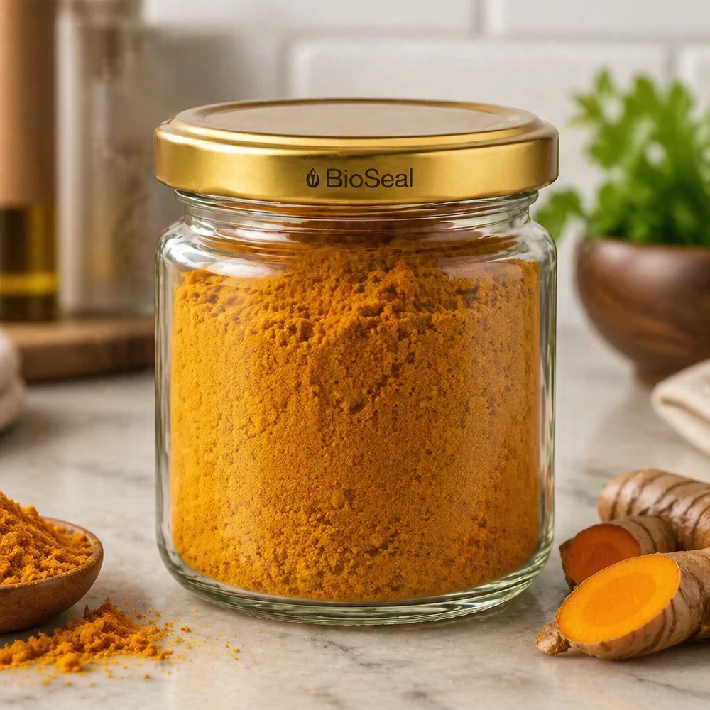 53ml Verre rond avec couvercle BioSeal or UNiTWIST UNiTWIST Runda53 pot rempli de poudre de curcuma et TO43 BioSeal couvercle doré dans cuisine avec curcuma frais