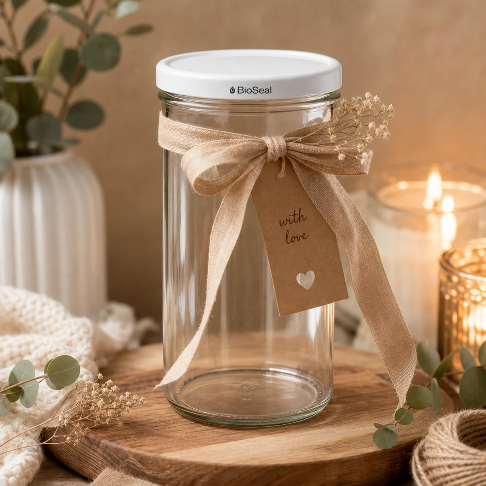 UNiTWIST Sturz277 Pot de conserve décoratif avec ruban et étiquette cadeau TO66 blanc Couvercle BioSeal Idée cadeau