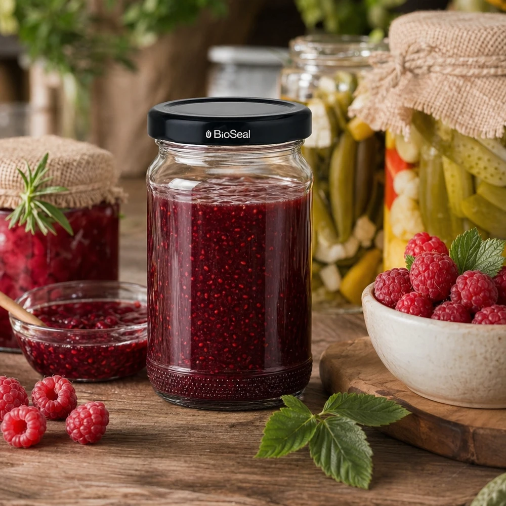 110ml Verre rond avec couvercle BioSeal noir UNiTWIST UNiTWIST Runda110 avec gelée de framboise et couvercle noir TO48 BioSeal sur une table rustique en bois avec des framboises fraîches