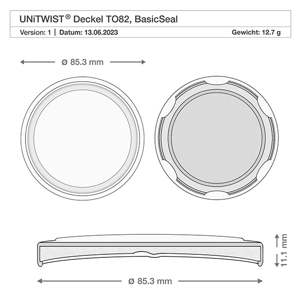 230ml Verre cylindrique avec couvercle BioSeal or UNiTWIST Dessin technique du couvercle blanc BioSeal T082 avec les dimensions 85,3mm de diamètre et 11,1mm de hauteur