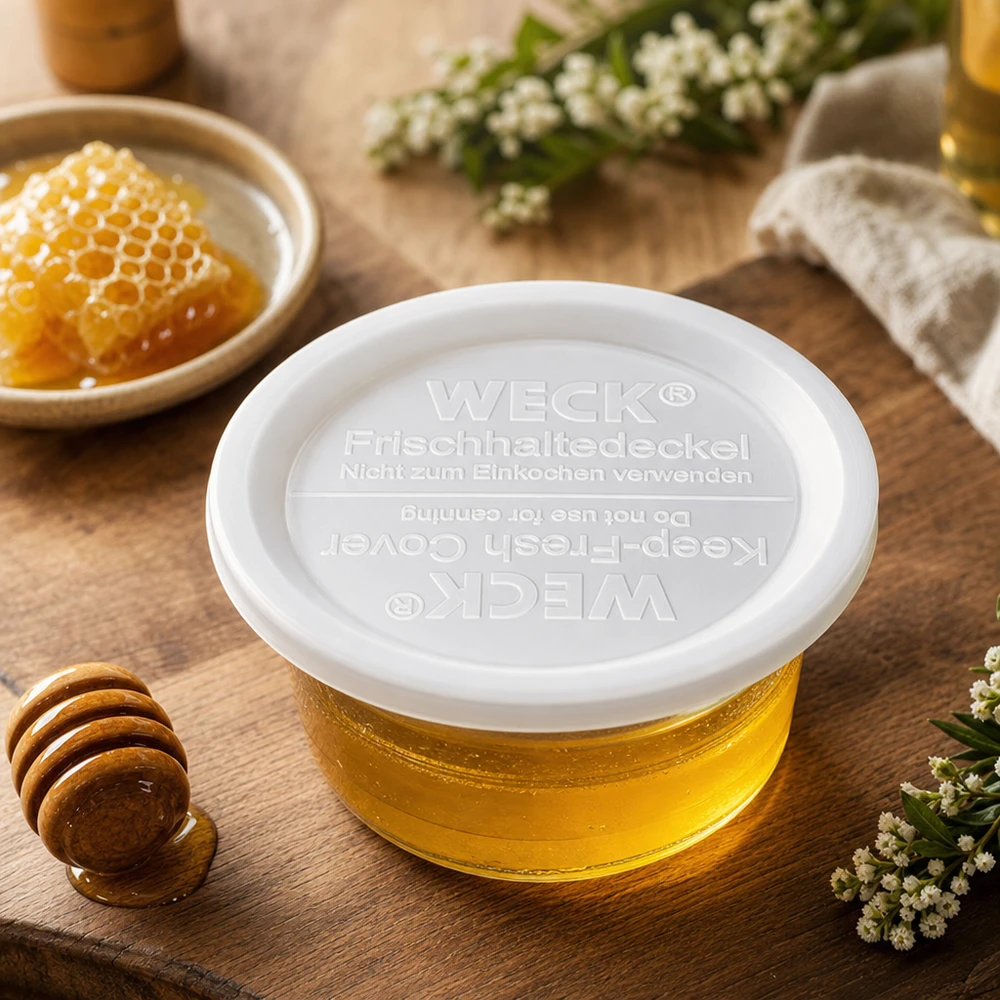 Couvercle fraîcheur WECK RR120 WECK Couvercle fraîcheur RR120 avec miel et nid d'abeille sur planche en bois conservation naturelle des aliments