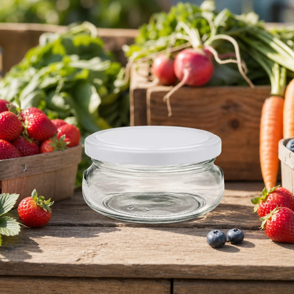 120ml Verre terrine avec couvercle BasicSeal blanc UNiTWIST Pot à terrine de 120 ml avec couvercle blanc parmi des fruits et légumes frais sur une table en bois rustique