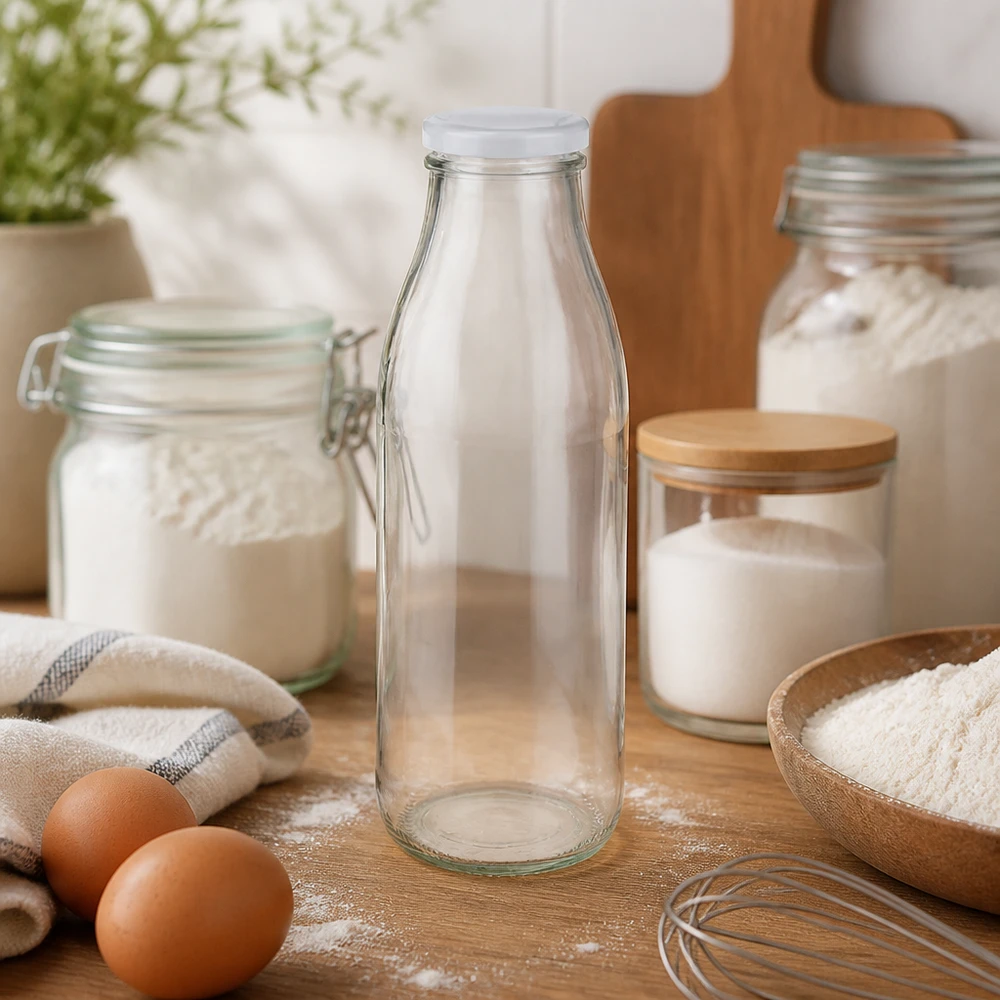 Bouteille en verre de 500 ml BasicSeal blanc dans la cuisine avec les ingrédients de la farine, les œufs et les ustensiles de cuisine Ambiance pâtisserie