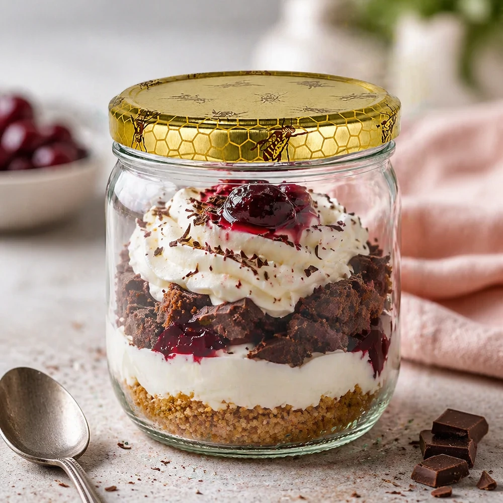 Pot à miel 500 g avec couvercle motif rayon de miel BasicSeal UNiTWIST Pot de miel de 500g comme verre à dessert pour trifle chocolat-cerise avec crème et couvercle doré en nid d'abeille