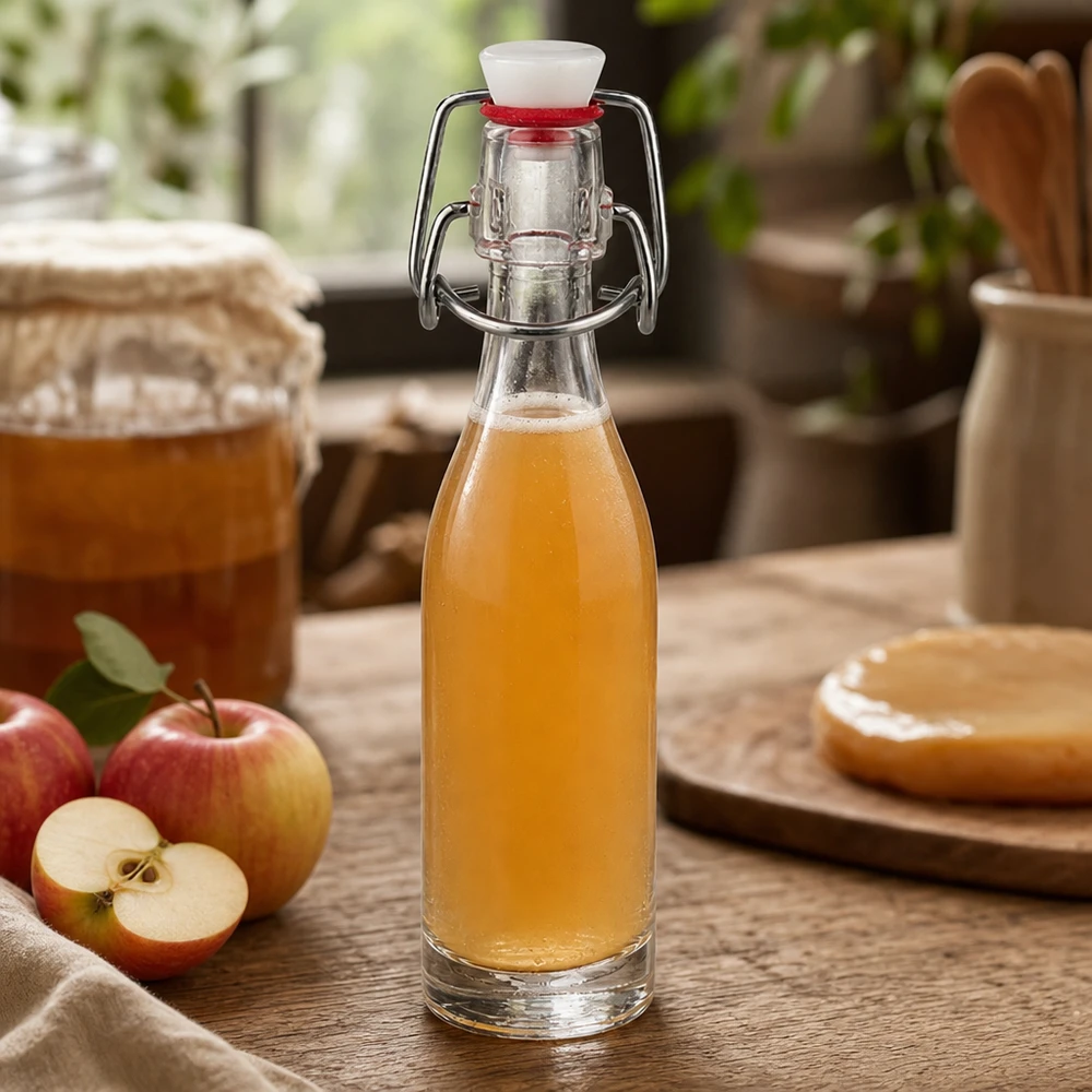Bouteille en verre de 50 ml avec bouchon à étrier remplie de jus de pomme à côté de pommes fraîches sur une table en bois rustique