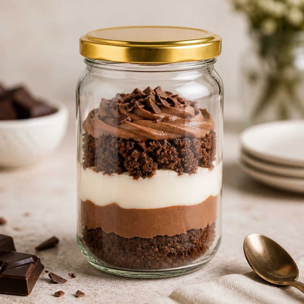 305ml Verre rond avec couvercle BasicSeal or UNiTWIST Verre rond BasicSeal UNiTWIST or de 305 ml rempli de dessert au chocolat - Verre à confiture pour desserts sucrés et trifle