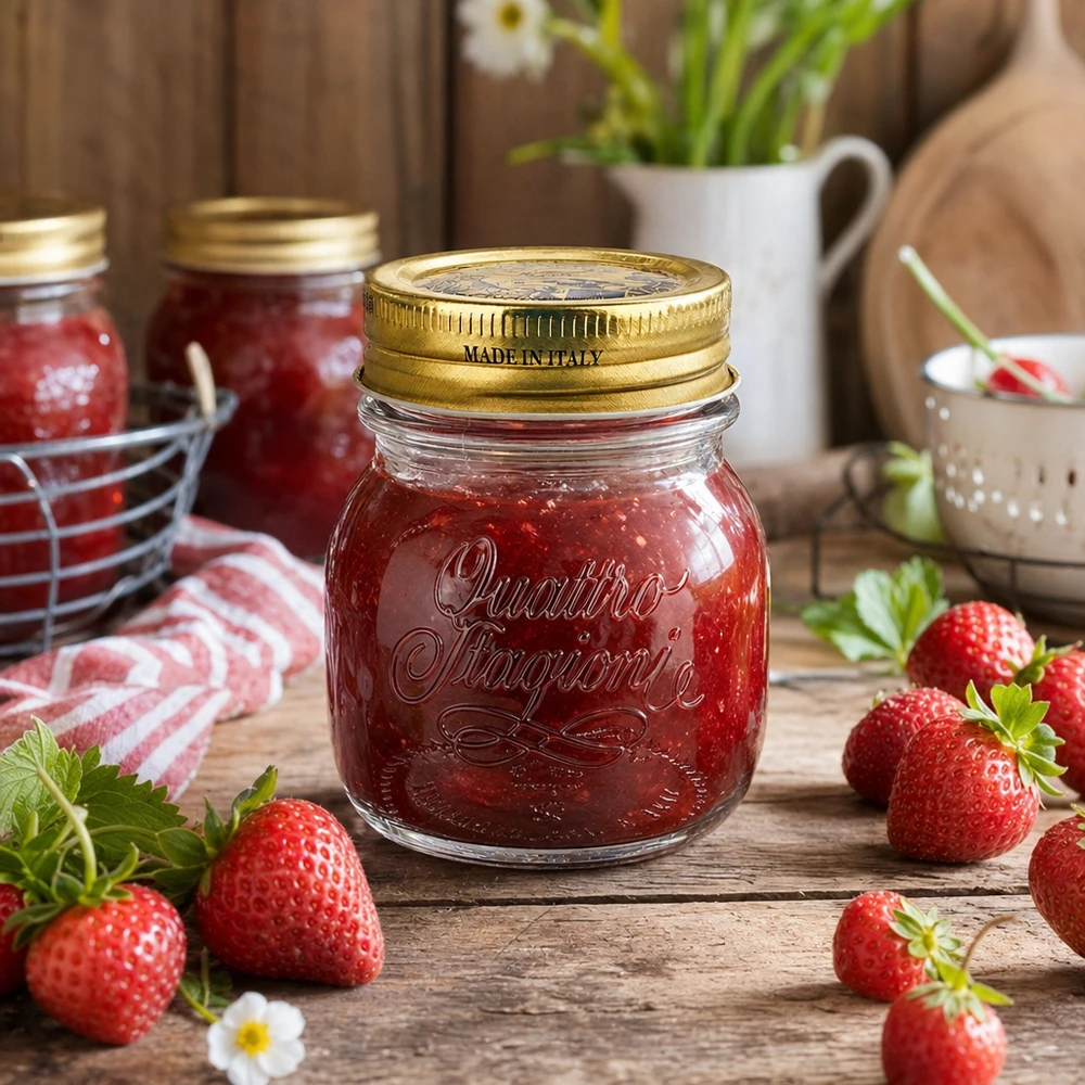 Bocal Quattro Stagioni de 150 ml avec couvercle doré dans une scène de confiture
