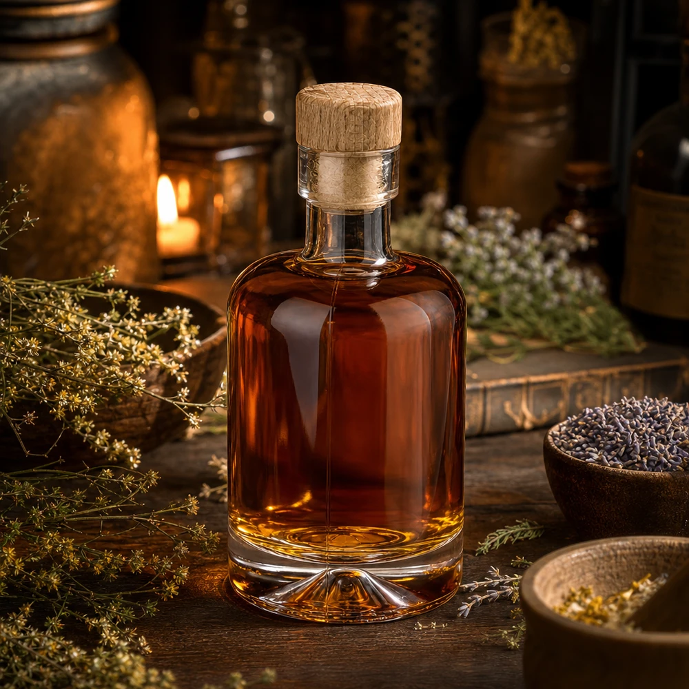 Bouteille en verre 50 ml « Amelie » avec bouchon en bois UNiTWIST Bouteille en verre Amélie de 50 ml remplie de spiritueux ambrés parmi les herbes et les épices avec éclairage d'ambiance