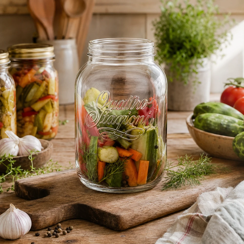 Quattro Stagioni 3000ml Bocal de légumes marinés sur planche en bois dans une cuisine rustique