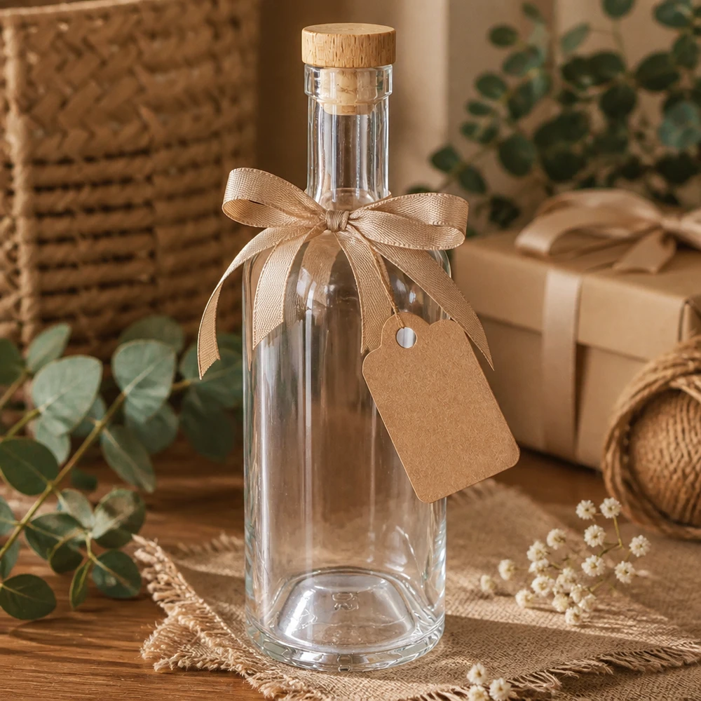 Bouteille en verre 750 ml « Emma » avec bouchon en bois UNiTWIST® Bouteille en verre Emma de 750 ml comme emballage cadeau avec un ruban beige et un pendentif dans un environnement décoratif naturel