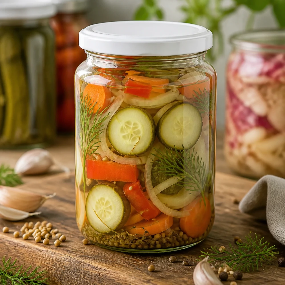 795ml Verre rond avec couvercle BasicSeal blanc UNiTWIST 795ml Rundglas gefüllt mit eingelegtem Gemüse zeigt praktische Verwendung für Konservierung und Meal Prep