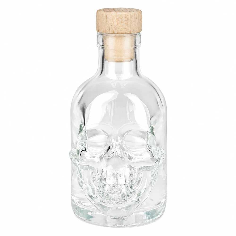 Bouteille en verre 200 ml « Jack » avec bouchon en bois UNiTWIST® Bouteille en verre Jack de 200ml avec un design de tête de mort et un bouchon en bois, bouteille de spiritueux vide avec un bouchon à vis