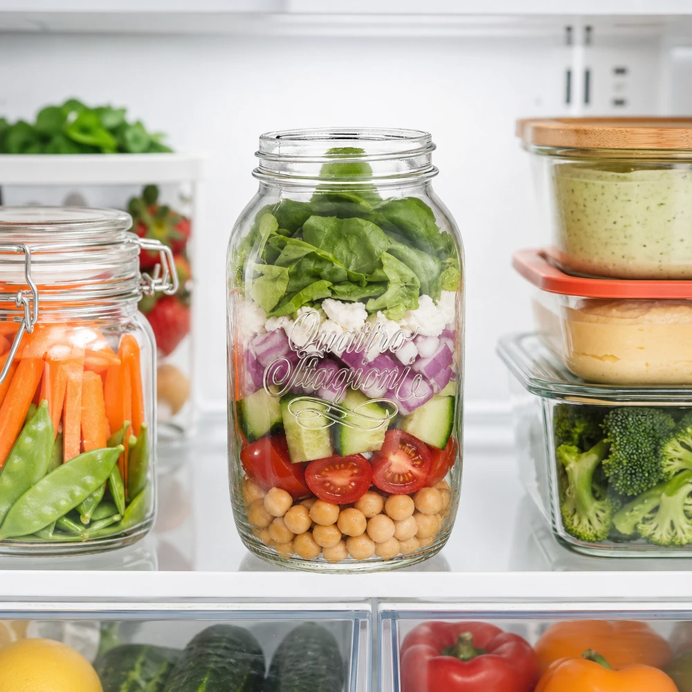 1500ml Verre rond 'Quattro Stagioni' QS86mm 1500ml Quattro Stagioni bocal ménager rempli de salade en couches dans le réfrigérateur à côté d'autres bocaux de stockage avec des légumes