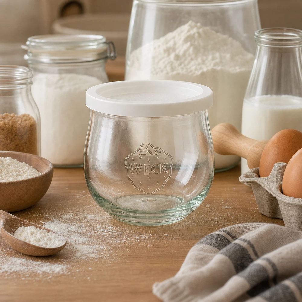 Bocal tulipe de 370 ml avec couvercle hermétique WECK RR80 WECK Pot tulipe 370ml RR80 avec couvercle fraîcheur en scène de pâtisserie avec farine, œufs et lait sur plan de travail en bois